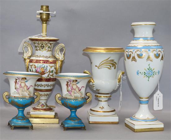 A Limoges Empire-style porcelain table lamp and four other items, tallest 30cm